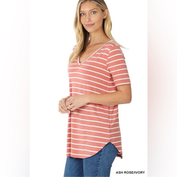Tops - ASH ROSE & IVORY STRIPED V NECK SHORT SLEEVE TOP